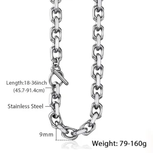 Close-up of polished 9mm stainless steel link chain with detailed product specifications