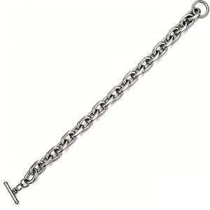 Close-up view of polished stainless steel thick link chain bracelet with toggle clasp