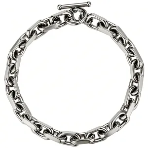 Close-up of high-polish stainless steel thick link bracelet with toggle clasp.