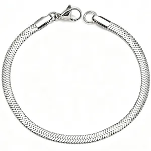 Silver stainless steel flat snake chain bracelet with adjustable lobster clasp mens