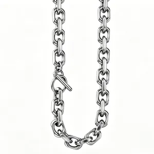 Close-up of a highly polished stainless steel chunky chain featuring a classic OT toggle clasp.