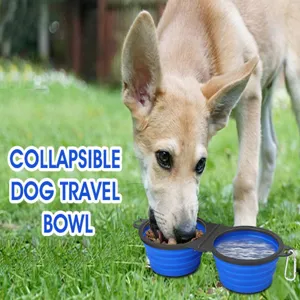 Portable collapsible dog travel bowl with double silicone bowls for outdoor camping and pet feeding.