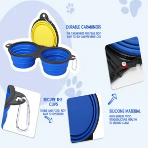 Collapsible silicone pet double bowls with carabiners portable travel dog bowl for outdoors