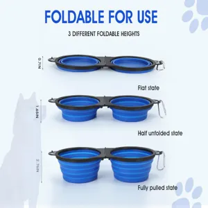 Collapsible silicone double pet bowl for outdoor travel, portable folding dog food bowl set