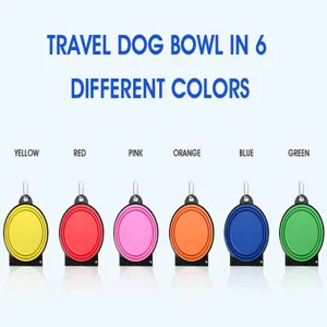 Detailed closeup view of 6 colorful travel dog bowls with carabiners, foldable design.