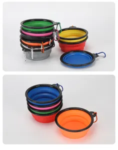Close-up details of collapsible silicone pet bowls in multi colors with portable carabiners.