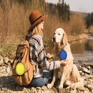 Portable collapsible pet bowl for outdoor camping and traveling, convenient dog feeding accessory.