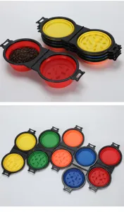 Collapsible portable double pet bowl slow feeder outdoor dog feeding detail display