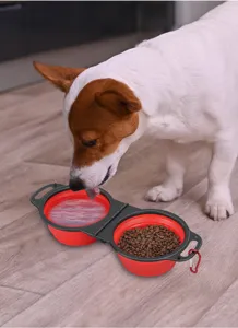 Portable silicone collapsible pet double bowl for dogs and cats, ideal for outdoor travel.