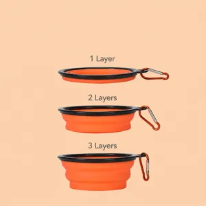 Portable silicone collapsible pet bowl with carabiner, adjustable 3-layer travel dog feeding bowl.