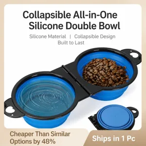 Double Bol Pliable pour Animal de Compagnie Extérieur Portable Distributeur d'Eau et de Nourriture pour Chien en Silicone avec Cadre en Plastique Noir