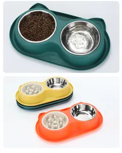 Pet stainless steel double bowl slow feeder for dogs and cats food and water set