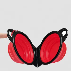Gamelle double pliable pour chien, bol de voyage portable en silicone avec cadre noir.
