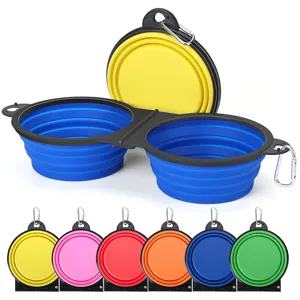 Portable collapsible double dog bowl, silicone pet feeding bowl with carabiner for outdoor camping.