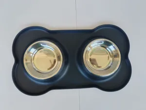 Silicone double pet bowl with stainless steel inserts, anti-slip bone mat for dogs cats.