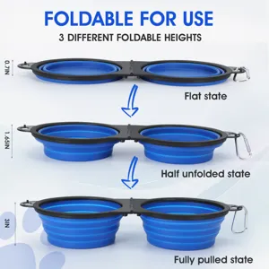 Collapsible double dog bowls for travel, portable silicone pet food water bowls 3 heights