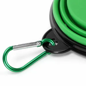 Portable 350ml collapsible silicone pet dog travel bowl with carabiner hook for outdoors.