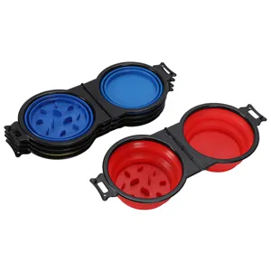 Portable collapsible double pet bowls with slow feeder for outdoor travel dogs use.