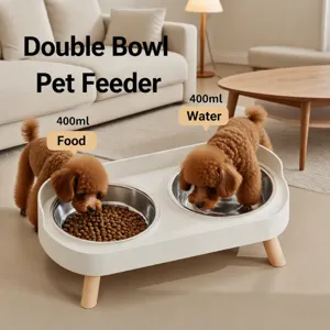 Doppia Ciotola per Animali in Acciaio Inossidabile Ciotola per Acqua e Cibo per Gatti e Cani Stazione di Alimentazione Rialzata Antiscivolo Con Supporto Effetto Legno