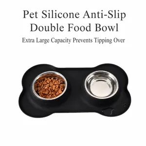 Silicone Stainless Steel Pet Double Bowl Anti Spill Dog Cat Food Water Feeding Dish With Non Slip Mat Pet Supplies