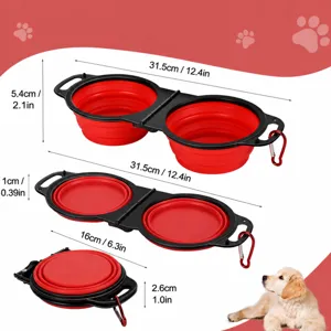 Portable collapsible double pet bowl with silicone material and adjustable heights for travel.