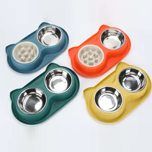 Pet double bowl stainless steel slow feeder dog cat feeding supply anti slip food water bowl set