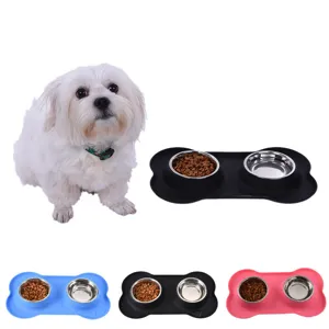 Double pet bowl with silicone mat, stainless steel dog food and water bowls for pets.