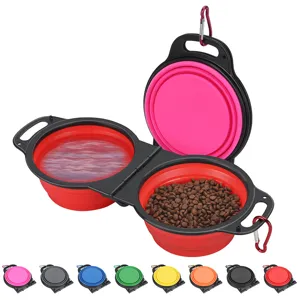 Portable foldable double pet bowl silicone dog and cat feeding bowls for outdoor travel