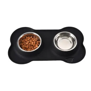 Pet silicone double bowl with stainless steel inserts and bone-shaped non-slip mat for dogs cats.