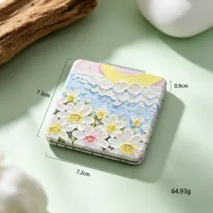 Detail view of portable oil painting style makeup mirror with dimensions and weight.