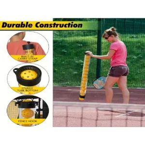 Vista dettagliata del raccoglitore di pickleball con tracolla e gancio robusto.