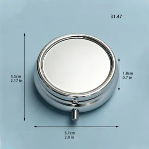 Detailed dimensions for silver metal round pill box showing 5.5cm diameter and 1.8cm height