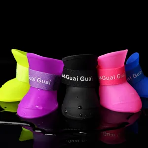 Waterproof silicone pet shoes, soft anti-slip dog rain boots, colorful puppy paw protectors.