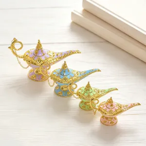 Vintage metal Aladdin lamps with intricate gold filigree in four pastel colors