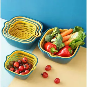 Double Layer Plastic Hollow Drainage Basket Color Contrast Fruit Vegetable Washing Basin Kitchen Storage Organizer