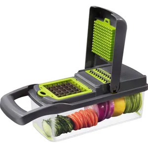 Multifunctional vegetable chopper with multi-blade slicing and dicing container tools.