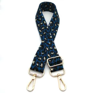 Close-up detail of leopard print bag strap with metallic gold thread and gold metal clips