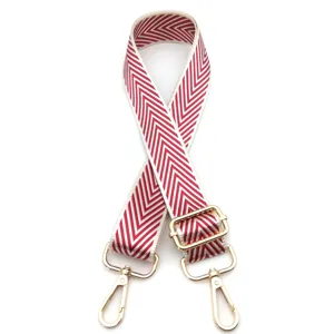 Detalle de correa de bolso con diseño de chevron rojo y blanco y herrajes dorados