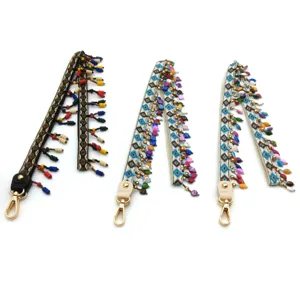 Ethnic Embroidered Bag Strap With Colorful Beaded Tassel Bohemian Geometric Pattern Handbag Accessory Replacement Shoulder Strap