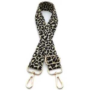 Detailed view of an adjustable leopard print bag strap with gold lurex threads.