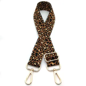 Detail of golden leopard print replacement shoulder strap with adjustable metal buckle