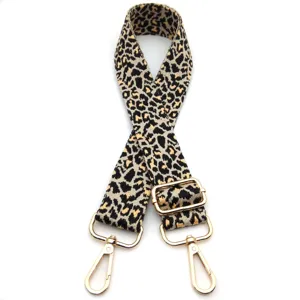 Close-up of leopard print bag strap with gold metallic thread and hardware.