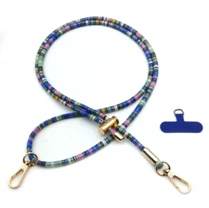 Colorful retro phone lanyard with adjustable gold hardware and blue attachment patch