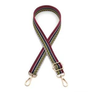 Bandoulière tissée à rayures réglable avec crochets dorés pour sacs et téléphones.