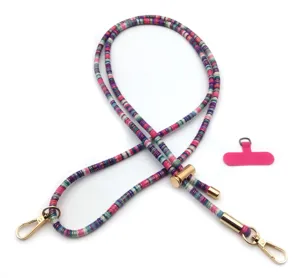 Detailed view of retro colorful beaded phone lanyard with adjustable gold metal hardware