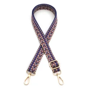 Detailed macro view of bohemian chevron pattern bag strap with gold lobster clasps