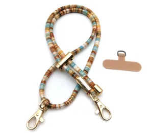 Retro colorful beaded phone lanyard strap with gold clasps and brown patch connector