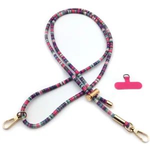 Colorful retro adjustable crossbody phone lanyard with golden metal hardware and pink tab