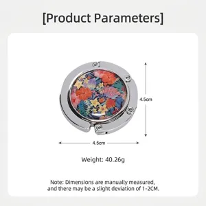 Detail showing the 4.5cm dimensions and 40.2g weight of floral foldable bag hook