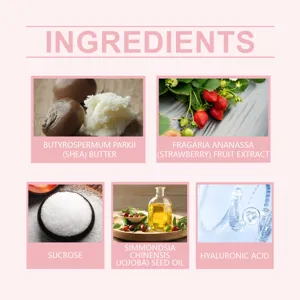 Infografía de ingredientes del exfoliante labial con manteca de karité, fresa y aceite jojoba.